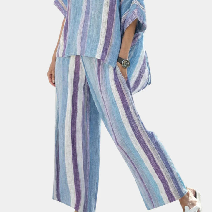 Yasmine | Haut élégant mauve pastel et pantalon à rayures